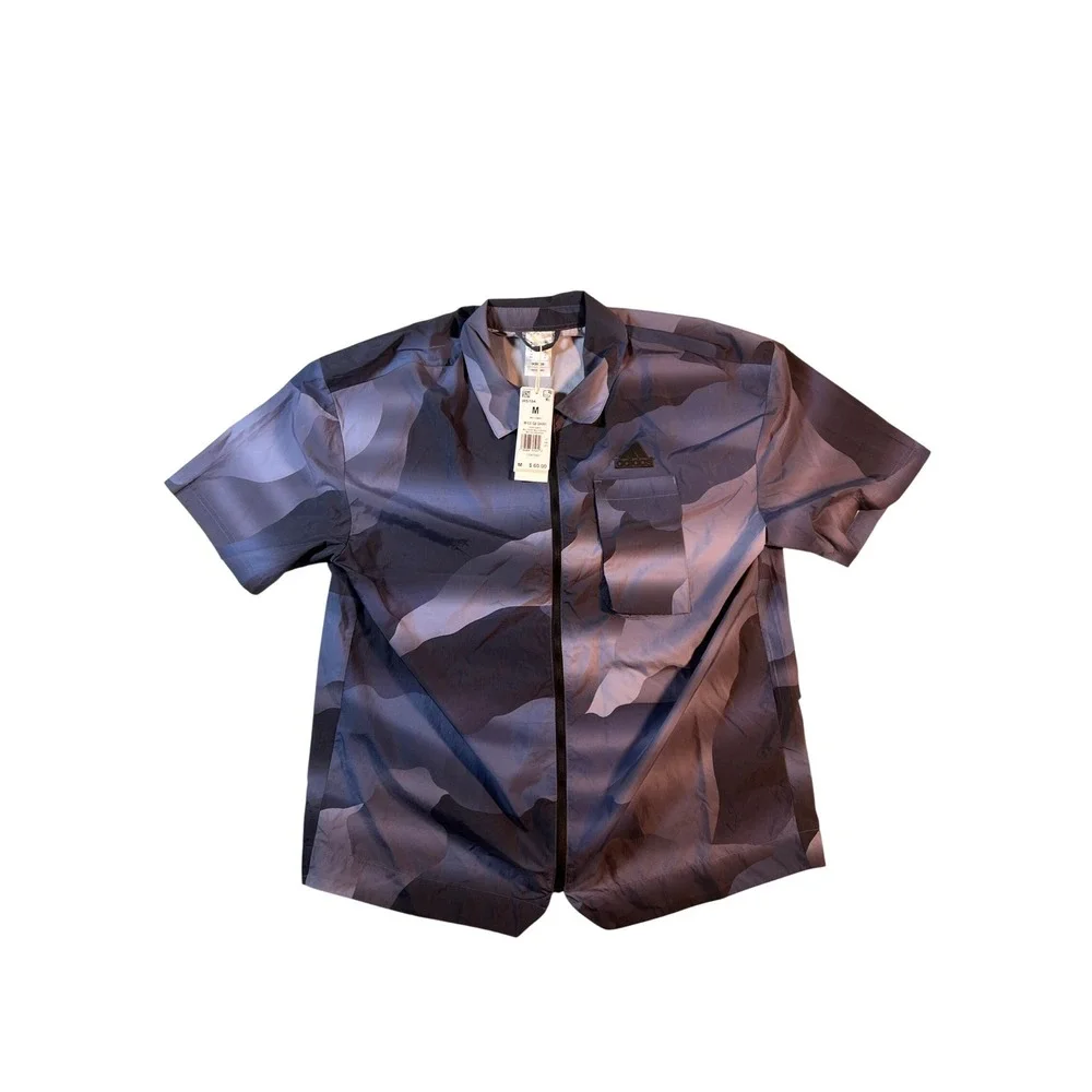 Adidas Men City Escape Q2 Short Sleeve Full Zip Shirt Medium Camo Gray IR5184